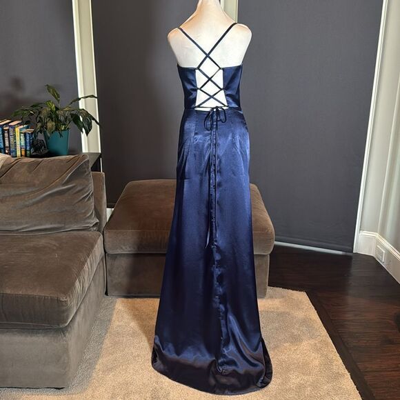 Women’s Blue FullLength Formal Dress Criss Cross Back Straps Leg Slit Size 2 NEW - Picture 6 of 13